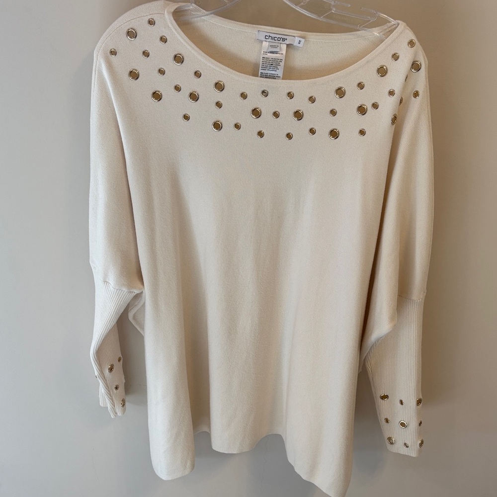 Chico's Cream Sweater Poncho/Top with Gold Grommet Detail